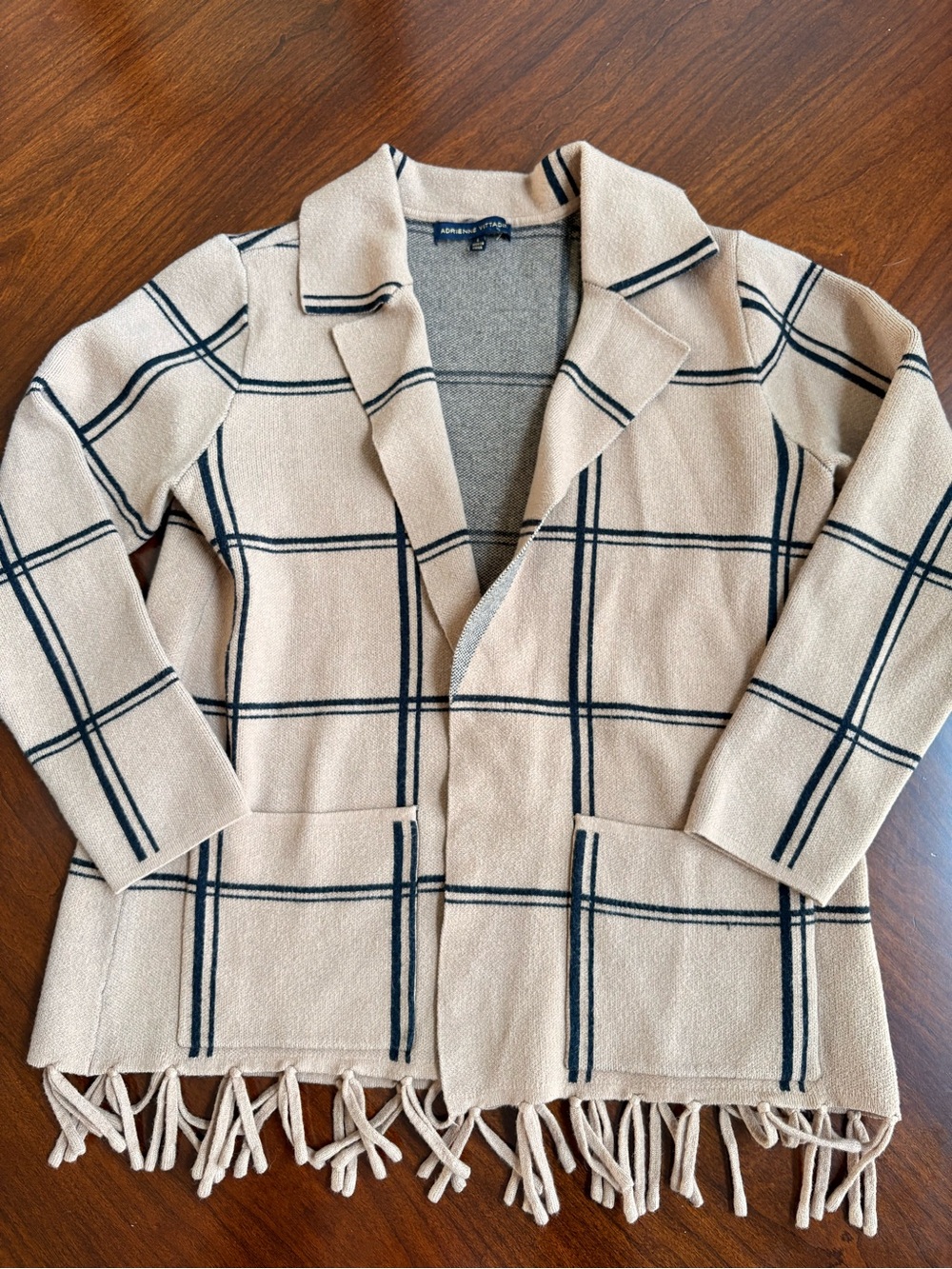 Adrienne Vittadini Beige Windowpane Fringe Open-Front Coatigan Large